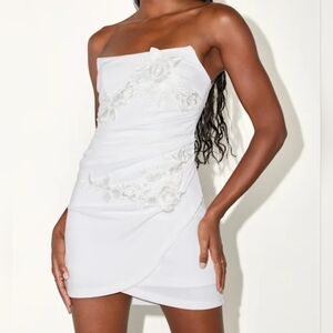 Lulus Divine Sensation White 3D Embroidered Strapless Mini Dress, Size XL